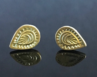 14K Gold Mehndi Teardrop stud earrings, stamped, gold studs
