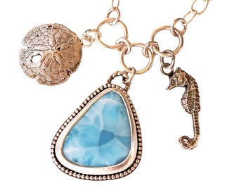 Larimar Charm Necklace, Seahorse, Sand Dollar, sterling silver