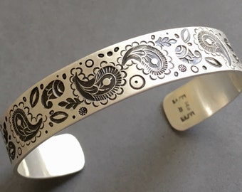 Paisley Stamped Cuff Bracelet in Sterling Silver, hand stamped, hand made stamps