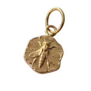 Gold Bee Charm, Art Nouveau, 14K gold and 18K , Bee pendant, leaf , honeycomb