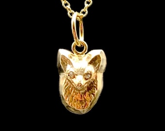 Gold Fox Charm with Diamond Eyes, Solid 10K gold, gold charm