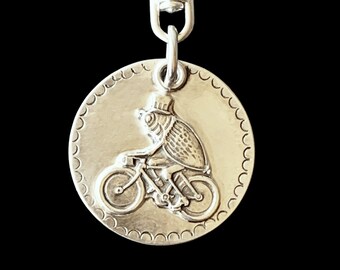 Flea Circus Zipper Pull, Purse charm, sterling silver, insects, bicycle, zipper charm