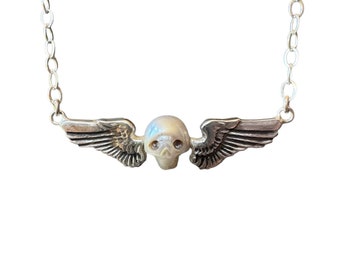 Pearl Winged Skull Pendant in Sterling Silver