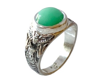 Egyptian Pharaoh Ring with Chrysoprase in Silver, winged scarab