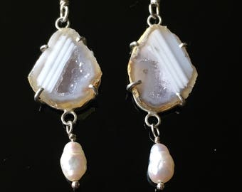 Mini White Geode with Pearl earrings in sterling silver
