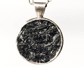 Black Tourmaline Pendant, Raw Stone in sterling silver