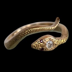 14K Gold Snake Ring with Diamond and Rubies