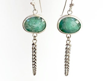 Emeralds and Succulent Dangle Earrings in Sterling Silver