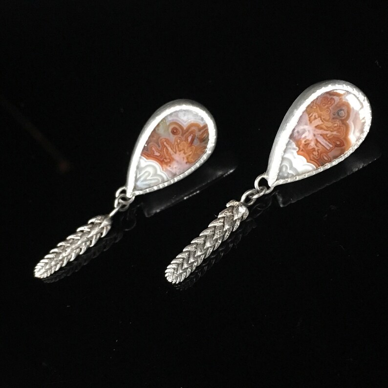 leaf pattern Studs handmade succlents Agua Nueva Agate Earrings Sterling silver orange and white