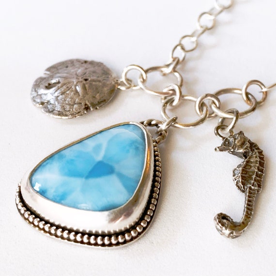 Larimar Stone Blue Pendant Necklace /& Seahorse Earrings Metal Sea Life Charms Beach Cruise Tropical Jewelry Chain Amazonite Beads