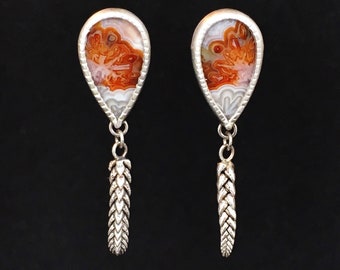 Agua Nueva Agate Earrings, Studs, Sterling silver, orange and white, succlents, leaf pattern, handmade