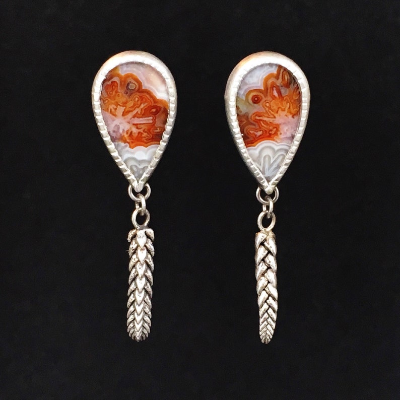 leaf pattern Studs handmade succlents Agua Nueva Agate Earrings Sterling silver orange and white