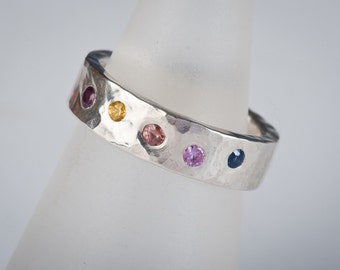 Sapphire Rainbow ring in sterling silver, multi colored gemstones, birthstones, hammered, wedding band