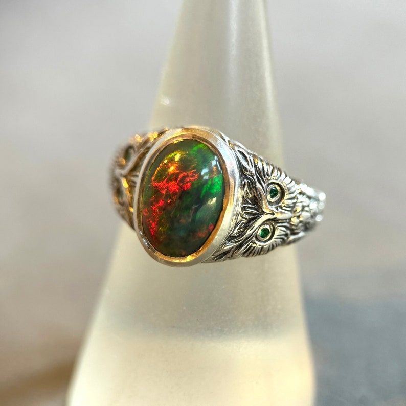 Owl Ring with Opal and Emeralds