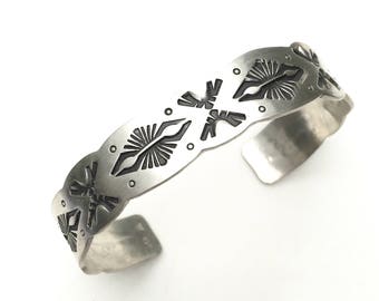Stamped Cuff bracelet , sterling silver, handmade, navajo stamps