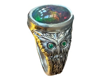 Owl Ring with Opal and Emeralds