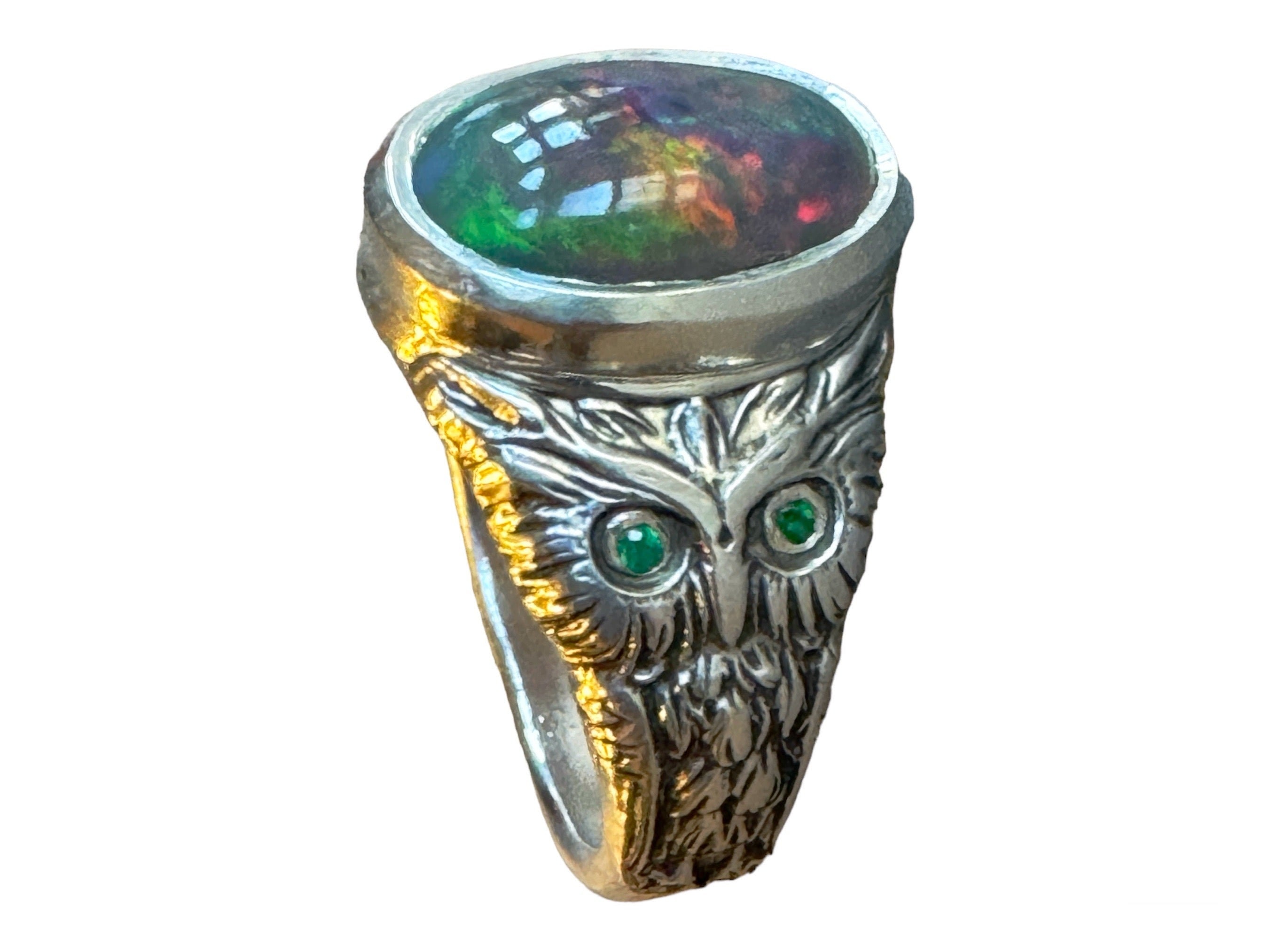 Owl Ring with Opal and Emeralds