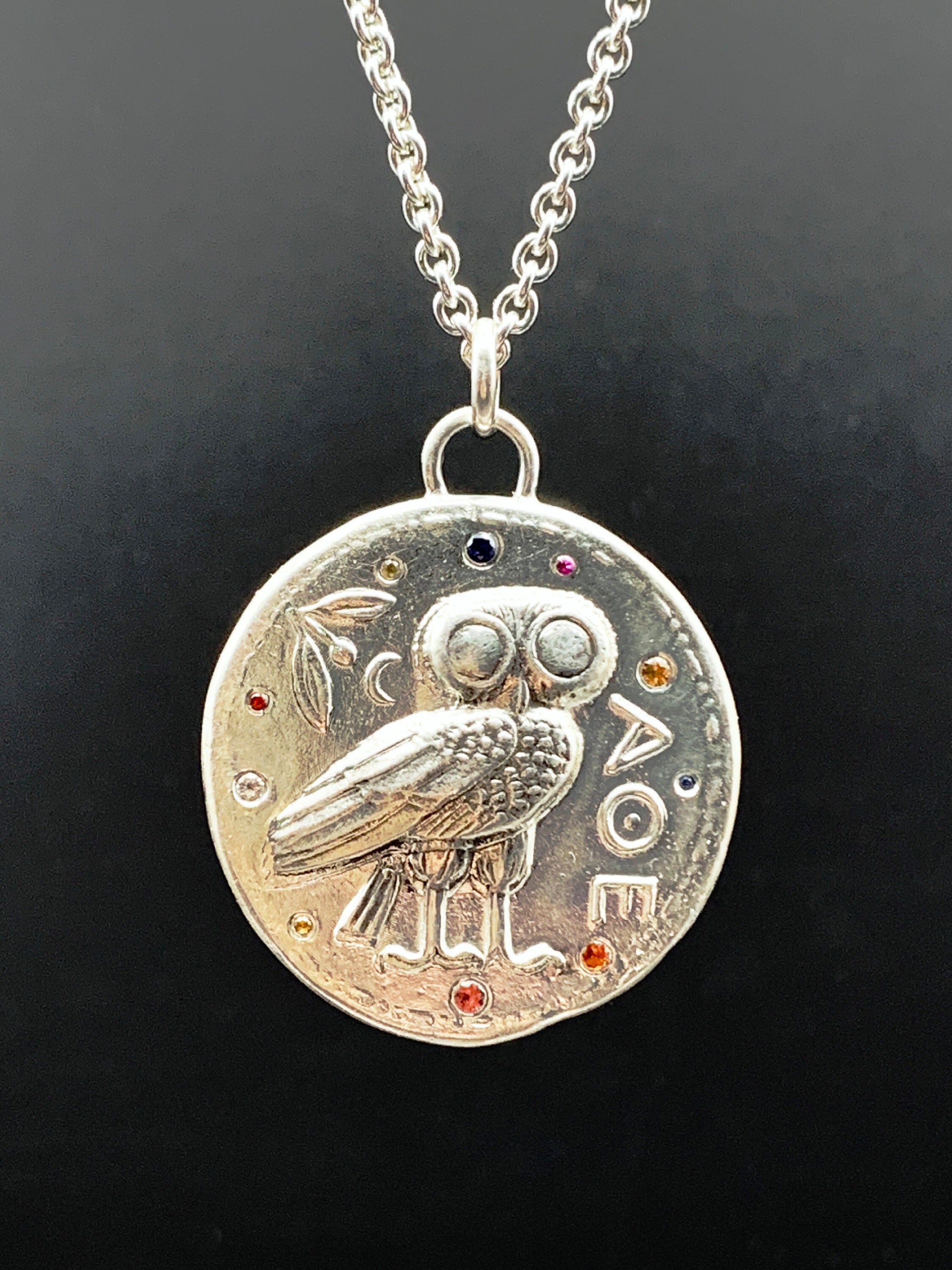 Athenian Owl pendant with Sapphires in sterling silver, ancient greek coin