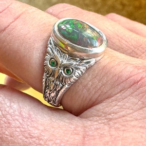 Owl Ring with Opal and Emeralds