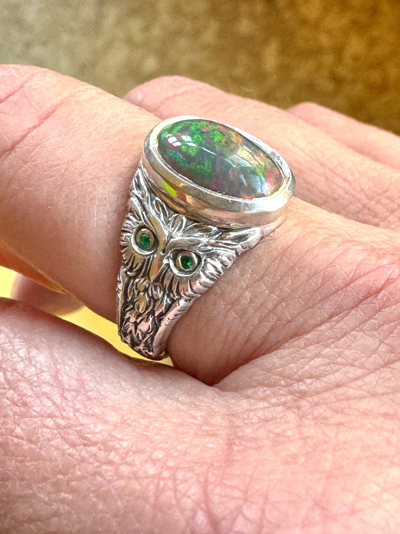 Owl Ring with Opal and Emeralds