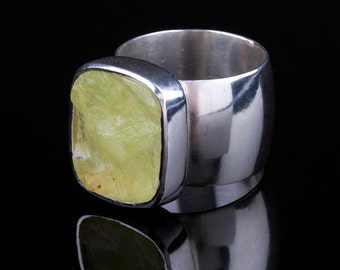 Natural Top Yellow Prehnite Wide Band Ring, Sterling Silver, lemonade