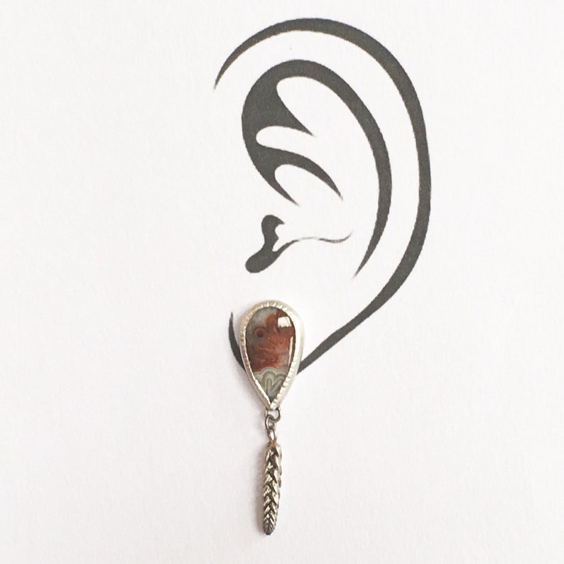 leaf pattern Studs handmade succlents Agua Nueva Agate Earrings Sterling silver orange and white