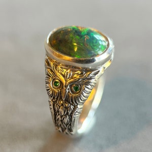 Owl Ring with Opal and Emeralds