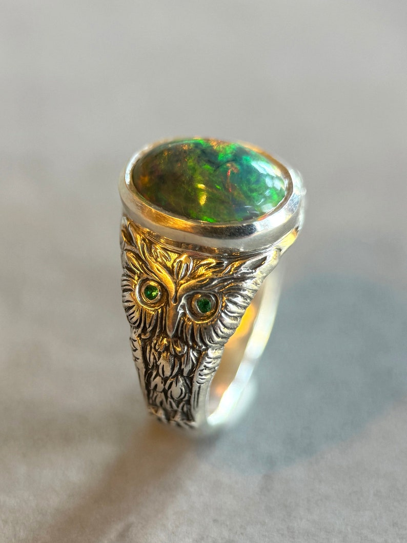 Owl Ring with Opal and Emeralds