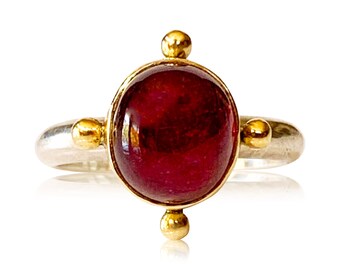 Ruby Ring in 18K and Sterling Silver, high dome, July birthstone, solitare, engagement