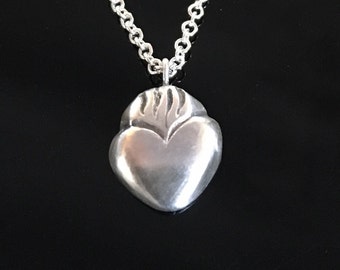 Sacred Heart Pendant, Milagros heart, flaming heart, charm, sterling silver, tiny, handmade