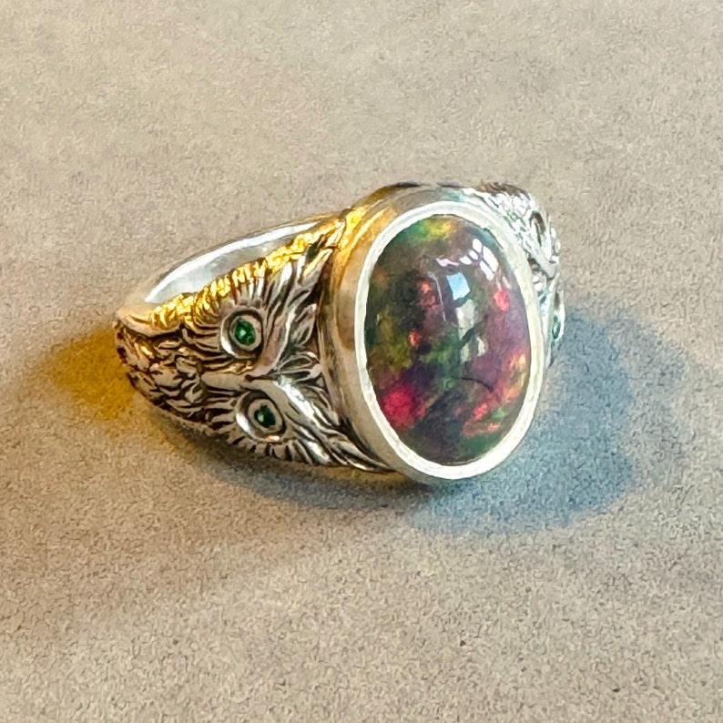 Owl Ring with Opal and Emeralds