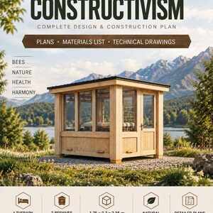 May include: A design and construction plan for an Apitherapy House titled Constructivism. The document features a light wood structure with glass panels, integrated beehives, and a therapy bed, measuring 1.75 x 2.3 x 2.35 meters in total.