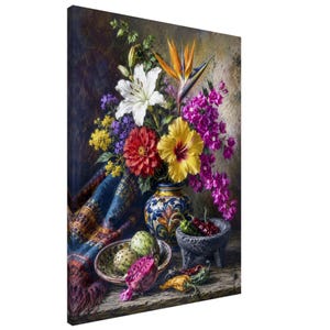 May include: A canvas print featuring a vibrant floral arrangement in a patterned ceramic vase, including white lilies, a yellow hibiscus, a red dahlia, and a bird of paradise. Beside it sits a bowl of prickly pears and a stone mortar with peppers.