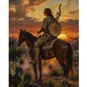 Op de afbeelding: Schilderij van een Native American te paard bij zonsondergang. De ruiter draagt een rode hoofdband, een boog en een schild. Het paard is bruin en de achtergrond toont een kleurrijke lucht en woestijnvegetatie.