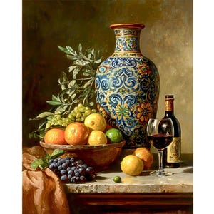 May include: Still life painting featuring a large, ornate blue vase with floral patterns. A bowl of fruit, including oranges, lemons, and grapes, sits beside the vase. A bottle of wine and a glass of red wine complete the composition.