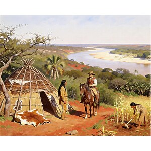 Puede incluir: Una pintura artística representa una escena con un tipi nativo americano, un hombre a caballo y otro nativo americano. Un río serpentea por el fondo, con una mujer cuidando los cultivos en primer plano. La paleta de colores incluye tonos terrosos.