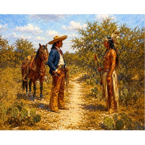 May include: An oil painting shows a man in a sombrero and a Native American man on a path. A saddled horse stands nearby. The scene is set in a desert landscape with cacti and trees under a blue sky.