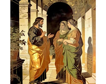 May include: An artistic depiction of a biblical scene. A man in a gold robe gestures while speaking to two women in draped garments. The setting is a colonnaded hall with arched doorways and potted plants.