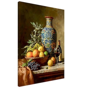 May include: A still life painting on canvas featuring a tall, ornate ceramic vase with blue and orange floral patterns, a bowl filled with oranges, lemons, and green grapes, a cluster of dark grapes, and a bottle of red wine with a glass.