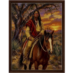 Lipan Apache Nightwatch Framed Canvas Print Southwest Warrior on Horseback Western Sunset Wall Art