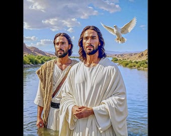 Puede incluir: Dos hombres de pie en un río, uno con una túnica blanca y el otro con una túnica marrón. Una paloma blanca vuela sobre ellos.