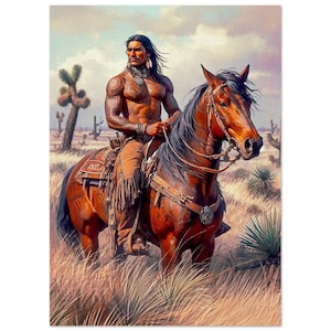 May include: A Native American man with long black hair and tattoos rides a brown horse through a desert landscape. The man is wearing a leather vest and trousers, and he has a beaded necklace around his neck. The horse has a black mane and tail, and it is wearing a leather saddle and bridle.