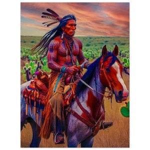 May include: A Native American man wearing traditional clothing and a feathered headdress rides a brown and white horse through a field of cacti. The sky is a vibrant orange and pink.