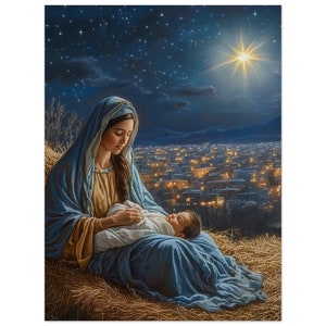 Poster di carta opaca premium Abbraccio della Stella di Betlemme con Maria e Gesù Bambino