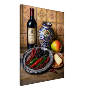 May include: A still life composition featuring a dark glass bottle of Rioja Reserva 2016 wine, a decorative ceramic vase with blue and orange floral patterns, a fresh mango, a block of cheese on a small plate, and a silver platter of dried chili peppers.