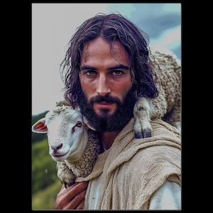 Impresión giclée de Jesús sereno con cordero: póster religioso cristiano compasivo de bellas artes para decoración espiritual