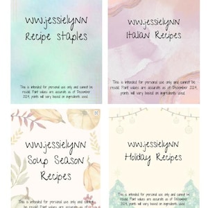 May include: Four digital recipe cards with watercolor backgrounds. The cards are titled "Recipe Staples", "Italian Recipes", "Soup Season Recipes", and "Holiday Recipes". Each card includes the website address "ww.jessielynn" and a disclaimer that the point values are accurate as of December 2024.