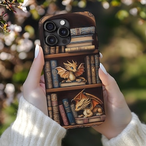 Bookish Dragon Library Phone Case for iPhone 16 15 14 13 12 11, Mystical Bookshelf, Whimsical Fantasy Bookish Tough Case