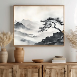 Japanese Sumi-e Landscape Art Print: Zen Ink Wash (Digital Download)
