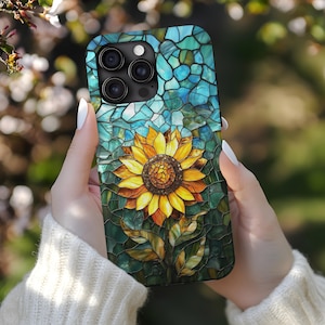Custodia per telefono con effetto vetro colorato a forma di girasole per iPhone 16, 15, 14, 13, 12, 11 X, custodia resistente per gli amanti delle piante, esclusiva cover estetica a mosaico.
